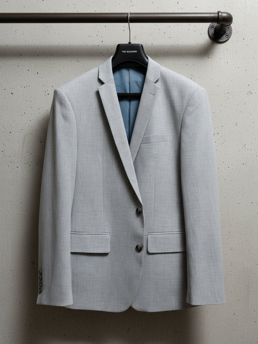 Light grey suit jacket on a hanger against a light background