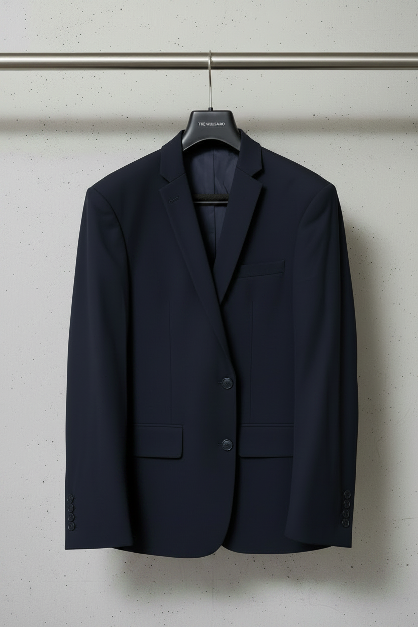 Navy blue suit jacket on a hanger against a light wall.