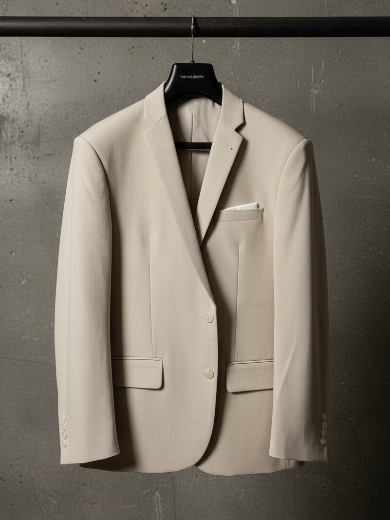 Sand suit jacket on a hanger against a white background