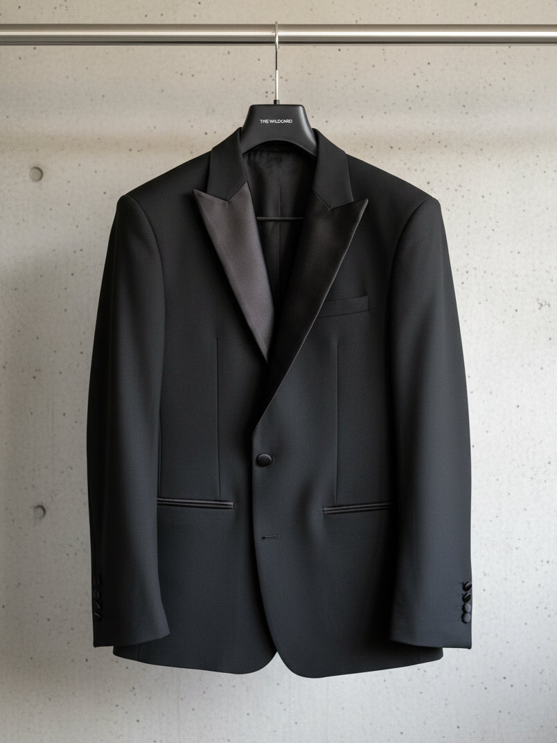 Black tuxedo jacket with satin lapels on a hanger against a light background