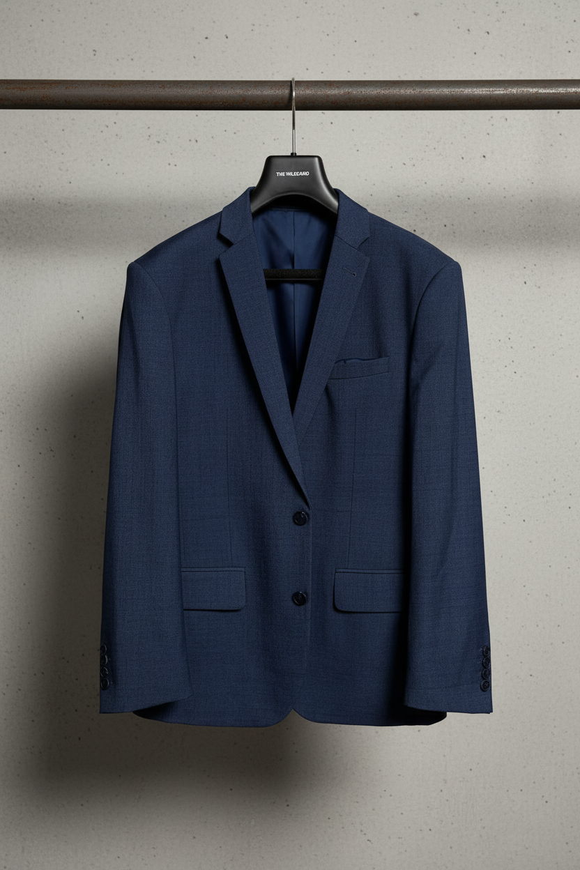 Dark blue suit jacket hanging on a hanger against a light background