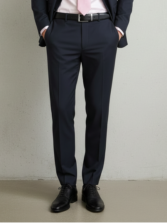 Man wearing a navy smart pants against a plain background