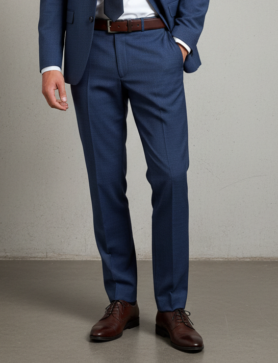 Man wearing a dark blue smart pants with a brown belt and shoes on a plain background